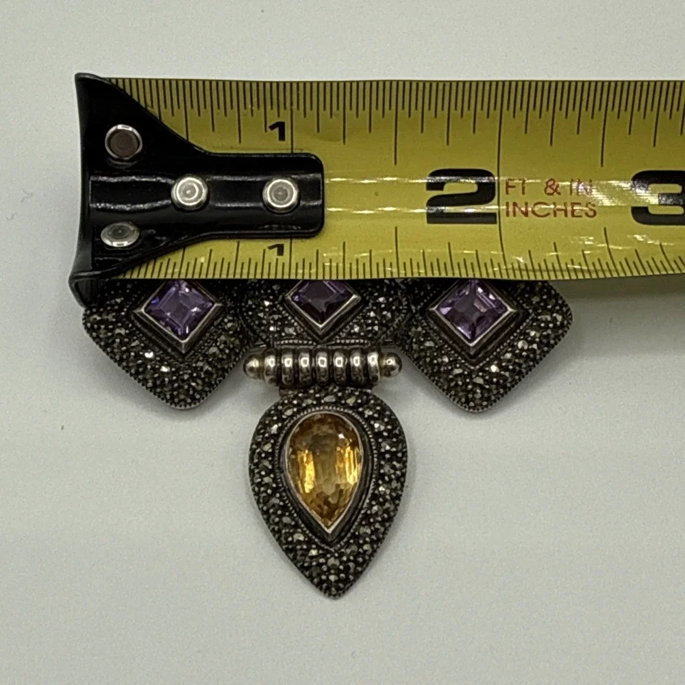 JUDITH JACK 925 Sterling Silver Vintage Amethyst Citrine Marcasite Gem Pendant